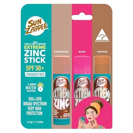 Sun Zapper extreme zinc sunscreen stick beauty pack - spf 50+ sunblock in tan, bronze & pink - made in australia