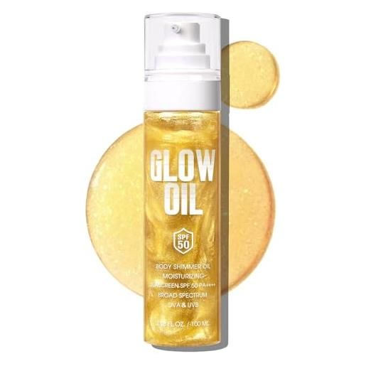 Kanoauo body glow oil, spf 50 glitter shimmer olio per la protezione solare con paillettes, crema idratante leggera e non acida, con noce di cocco, 100 ml