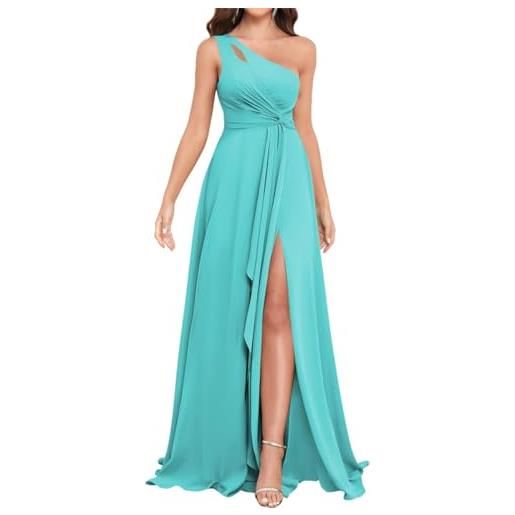 SAYNO abiti da damigella d'onore in chiffon monospalla a-line increspatura pieghettata senza maniche abito da sera formale con fessura, turchese, 48