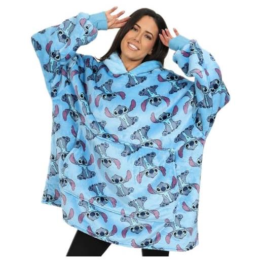 Disney lilo and stitch - felpa con cappuccio da donna, completamente foderata, in pile, oversize, colore: blu, blu, taglia unica