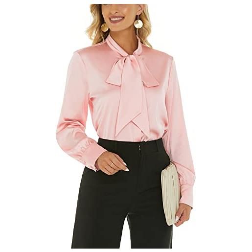 Anna&chris escalier - camicetta da donna in seta, a maniche lunghe, con fiocco e bottoni, stile casual, per ufficio, lavoro, bianco, m