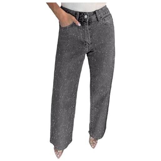 NRTHYE jeans da donna a vita alta con strass larghi dritti a gamba larga lucida diamante casual pantaloni in denim, grigio chiaro, m