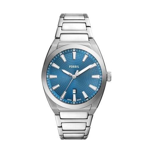 Fossil orologio everett da uomo, movimento al quarzo con data a tre lancette e cinturino in pelle o acciaio inossidabile, 42 mm, tono argento