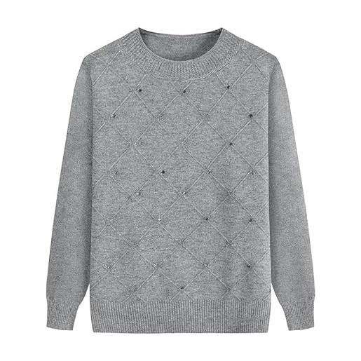 YONGHONGKEJI maglione lavorato a maglia per mezza età e anziani maglione lavorato a maglia per vecchie signore pullover con griglia di diamanti e strass scollo rotondo maniche lunghe felpa leggera