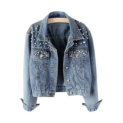 Vcindai - giacca in jeans da donna a maniche lunghe, corta, con perle, blu, xl
