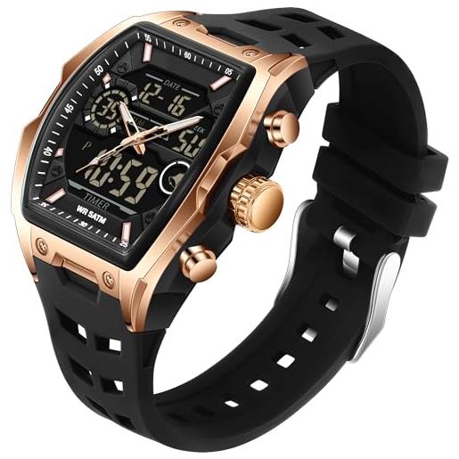 FeiWen Uomo e Donna Oro Acciaio Inox Fashion Orologi da Polso da Unisex Analogico Quarzo LED Digitali Sportivi Multifunzione Orologio Doppio Tempo Allarme