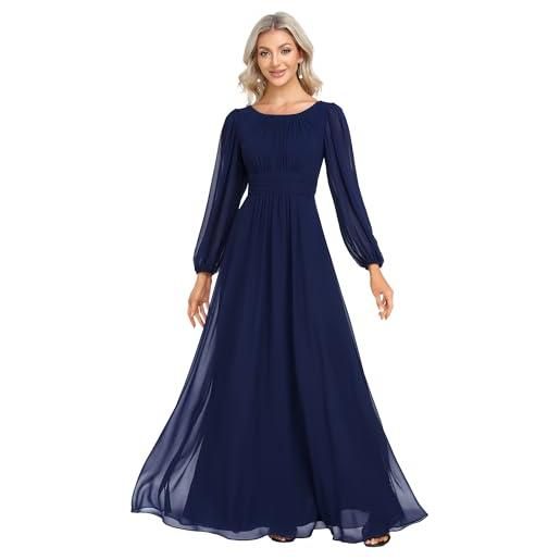 Ever-Pretty vestito da sera donna lungo cintura rotondo manica lunga elegante abiti da cerimonia blu navy 40