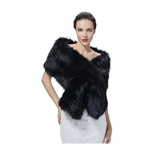 BEAUTELICATE scialle stola di pelliccia sintetica donna coprispalle sciarpa elegante nozze sposa feste inverno cerimonia nero avorio champagne, nero con un buco