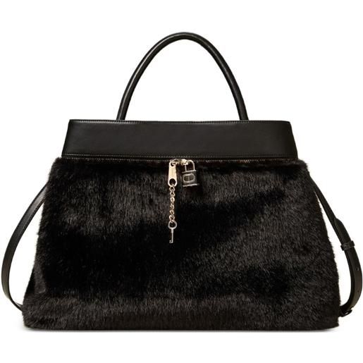 TWINSET borsa tote in pelle con orlo in pelliccia - nero