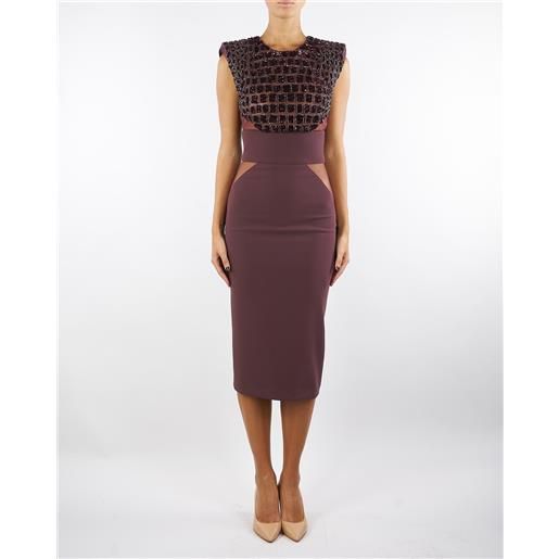 ELISABETTA FRANCHI abito merlot in crêpe leggero e tulle con ricami cocco