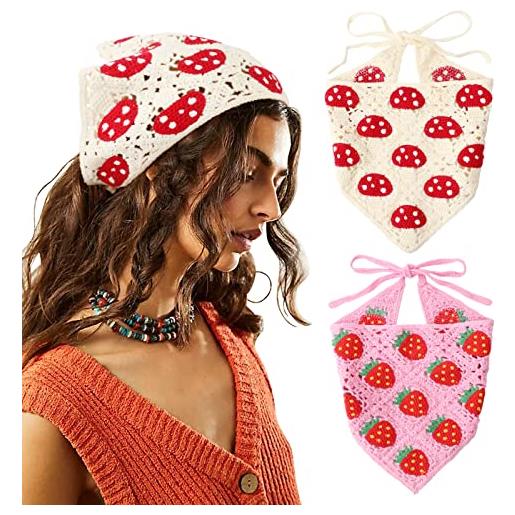 DRESHOW 2 pezzi bandana capelli all'uncinetto vintage annodato foulard stampa fragola fascia testa lavorato a maglia per donna&ragazze