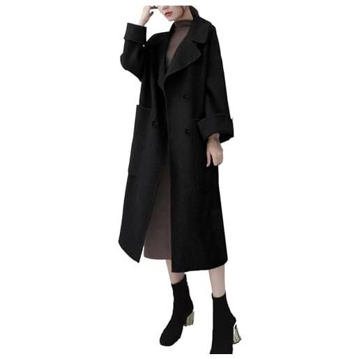 FM2018XSL cappotto di lana donna invernale elegante trench lungo doppiopetto calda giacca di lana con tasche (it, testo, l, regular, regular, nero)
