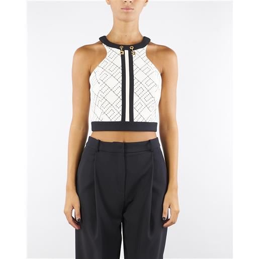 ELISABETTA FRANCHI top milk-nero bi-color in doppio crêpe