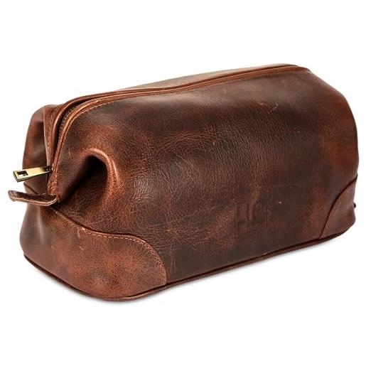Hlc beauty case da uomo in pelle - miglior regalo per gli uomini - kit dopp in vera pelle di alta qualità kit da barba organizer kit da viaggio borsa da uomo - taglia grande, marrone, beauty case da