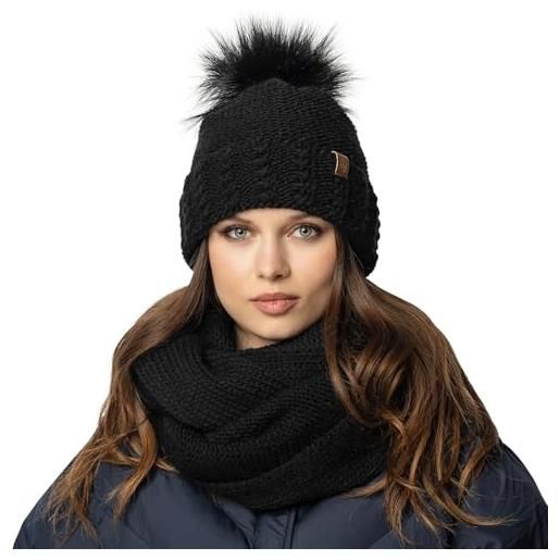 Vivisence set invernale da donna cappello con pom-pon e scaldacollo avvolgente fodera in pile morbido antistatico realizzato in filato caldo perfetto per le giornate fredde, nero, taglia unica