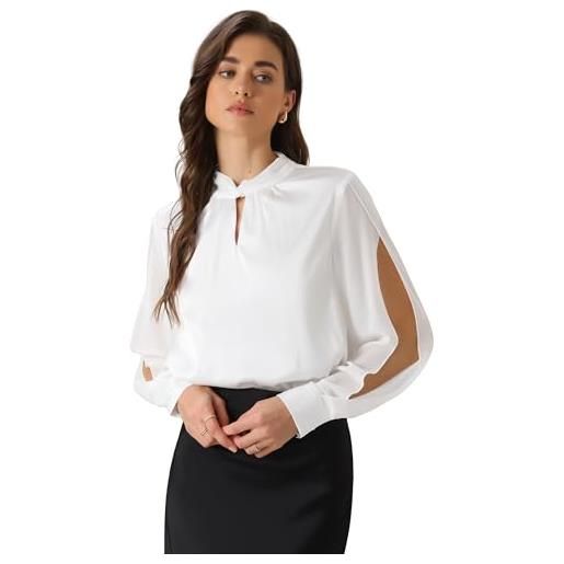 Allegra K donna camicetta in raso camicia casual da ufficio blusa con scollo a buco della serratura e maniche a fessura in chiffon bianca xl