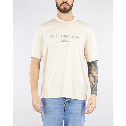 EMPORIO ARMANI t-shirt crema in jersey misto lyocell con ricamo logo asv