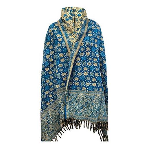 TIBET coperta in pura lana di yak e scialle, con motivo a foglie, stile vintage, unisex, oversize, double-face, ideale come regalo, blu cielo, taglia unica