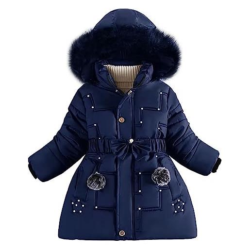 linboo piumino da ragazza principessa cappotto invernale giacca in pile giacca per bambini calda con cappuccio in pelliccia spessa parka con perline borchiate, blu scuro, 7-8 anni