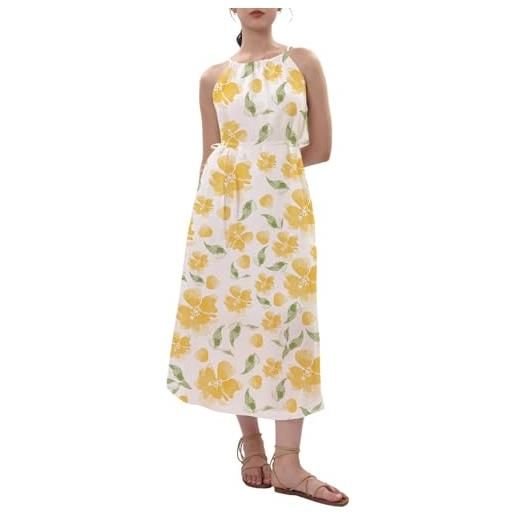 Amazhiyu abito estivo in lino, da donna, estivo, da spiaggia, lungo, 100% lino, maxi abito da donna, con cinghie e tasche, fiori gialli. , l