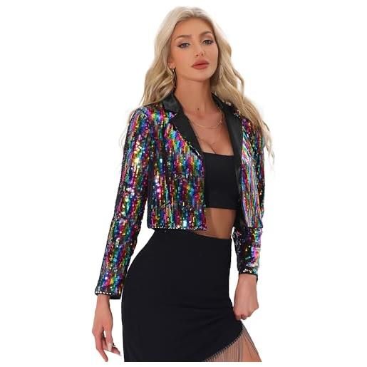 Allegra K giacca con paillettes da donna cardigan con colletto a bavero da festa aperto sul davanti blazer corto scintillante da festival per halloween multicolore l