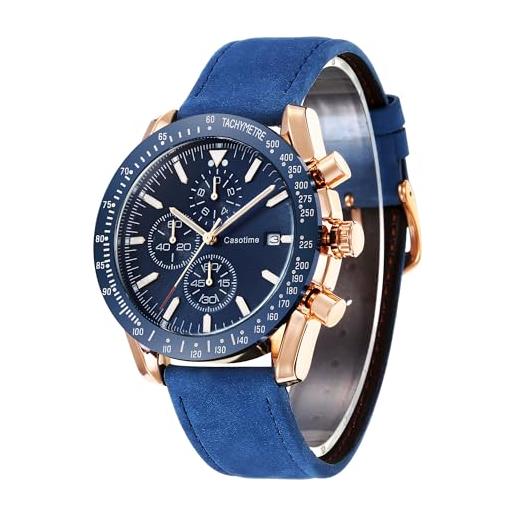 Casotime orologio cronografo uomo in pelle - impermeabile 30m, quarzo analogico con data, quadrante grande - classico ed elegante per tutti i giorni, lavoro & sport - regalo elegante per uomini