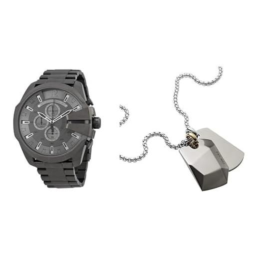 Diesel orologio da uomo mega chief in acciaio inossidabile grigio e collana color argento, set