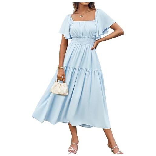 GRACE KARIN vestito donna lungo elegante con vita elasticizzata e maniche corte a sbuffo abito cerimonia azzurro chiaro l