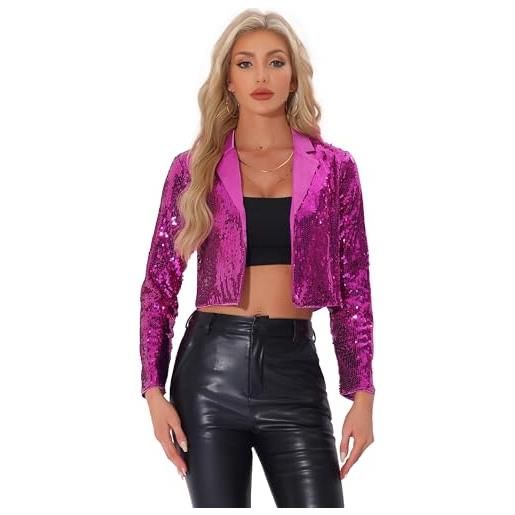 Allegra K giacca con paillettes da donna cardigan con colletto a bavero da festa aperto sul davanti blazer corto scintillante da festival per halloween rosa caldo xs
