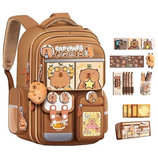 JIABAOZ zaino capibara per bambini, zaino capibara kawaii con spille, portachiavi e cancelleria, grande capacità capybara borsa per scuola, viaggi e uso quotidiano