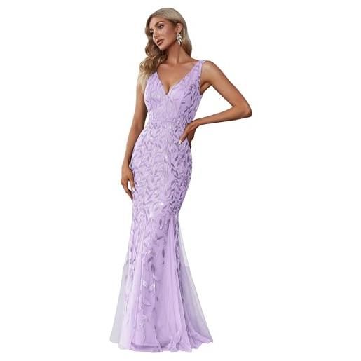 Ever-Pretty vestito da cerimonia donna sirena paillettes tulle petto basso scollo a v senza maniche stile impero lavanda 38