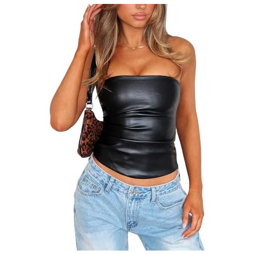 OZICERD top a tubo in finta pelle senza spalline per uscire top da donna sexy club top rave, concerto outfit increspato a fascia crop top, nero, s
