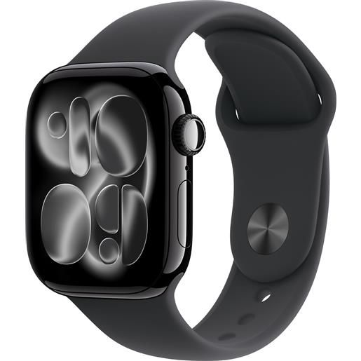 Apple watch series 11 gps, cassa 42 mm in alluminio jet black con cinturino sport nero - s-m