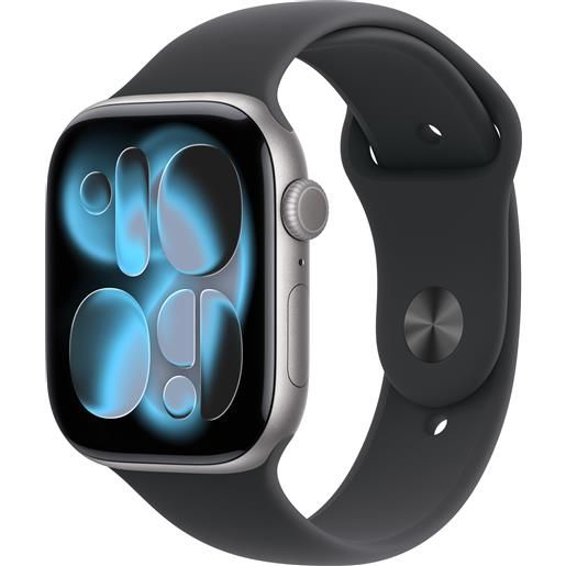 Apple watch series 11 gps, cassa 46 mm in alluminio grigio siderale con cinturino sport nero - m-l