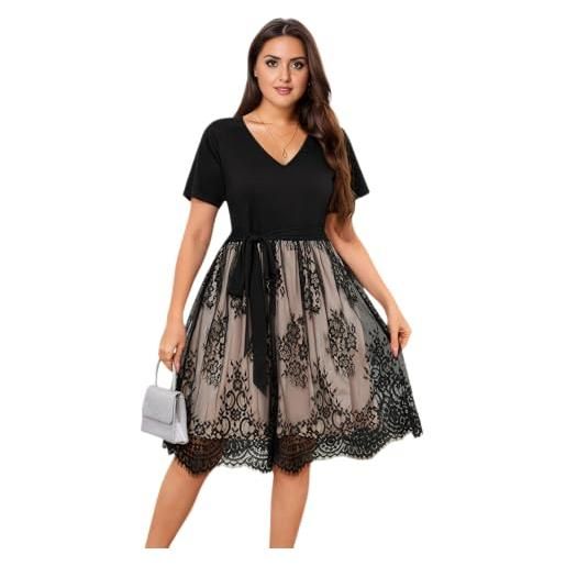 LapaPlus abito in pizzo per donne curvy, elegante scollo a v, abito midi da cocktail party a maniche corte, nero , 4xl (plus)