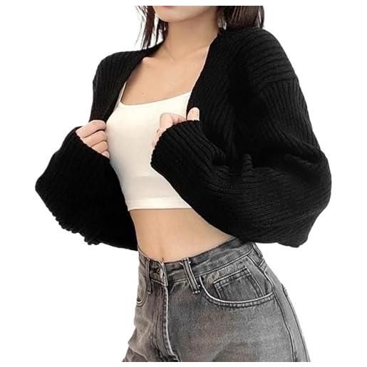 Generico cardigan bolero da donna con maniche a pipistrello e aperto sul davanti, a maniche lunghe, corto e largo(black)