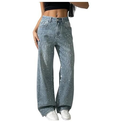 Generic jeans da donna con strass pantaloni in denim larghi a gamba larga vita alta pantaloni con paillettes lucide (azzurro, l)