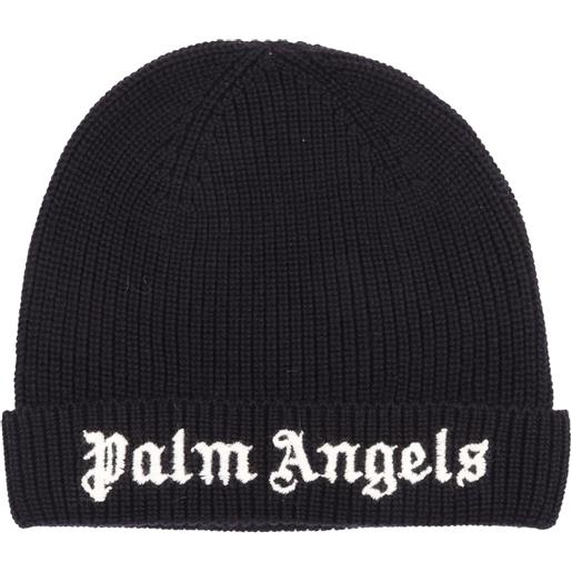 PALM ANGELS KIDS logo knit beanie black off white