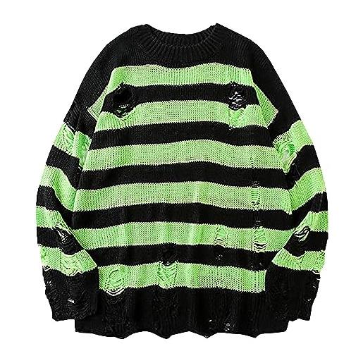 YASHANG Maglione da Donna, Stile Gotico, Punk, Grunge, a Maniche Lunghe, Scollo Rotondo, Oversize, a Righe, Lungo, strappato, Maglione Lungo, Lilla, Taglia Unica