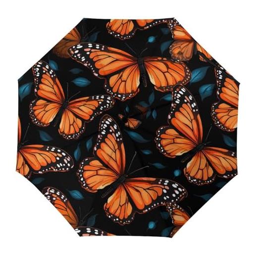 LJFABKY arancione monarca farfalla antivento viaggio manuale 3 pieghevole ombrello impermeabile automatico rainbrella per uomo donna