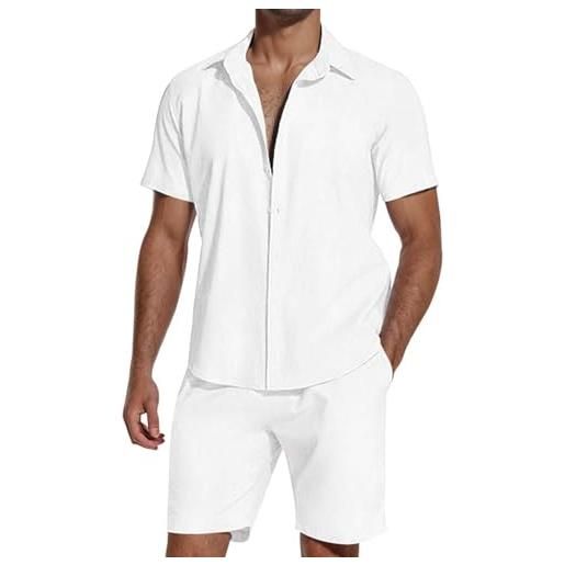 SHEKINI set di 2 tute da uomo in cotone e lino, a maniche corte, con bottoni, estive, pantaloncini da spiaggia, abbigliamento casual, abbigliamento da notte, pigiama, cachi, xl