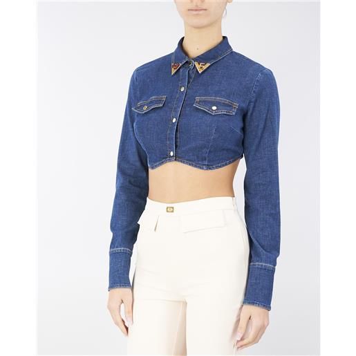ELISABETTA FRANCHI camicia cropped in denim con dettagli logo