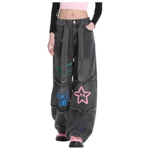 Suncadmious pantaloni da lavoro patchwork con motivo a stella da donna pantaloni larghi skinny grezzi con gamba dritta pantaloni a gamba larga jeans stampati jeans hip-hop larghi (nero, m)