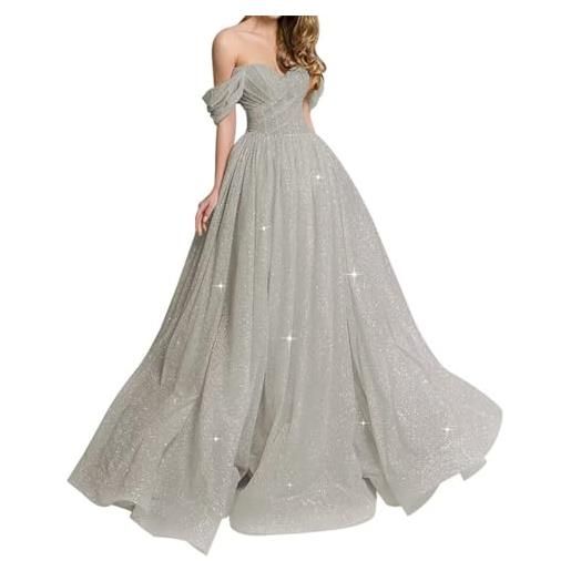 KURFACE abiti da ballo con spalle scoperte abito lungo da ballo in tulle glitterato a-line abito da sera formale wsx465 argento uk10