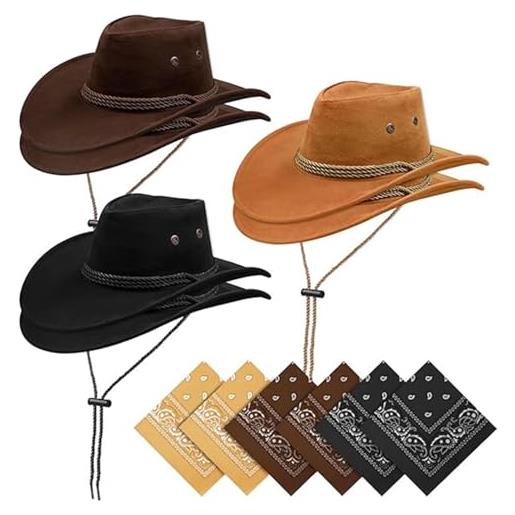 HzDazrl 12 pezzi cappelli da cowboy e bandane bulk donne uomini cowgirl set roll up tesa larga cappello western con fazzoletto da collo, stile b, taglia unica