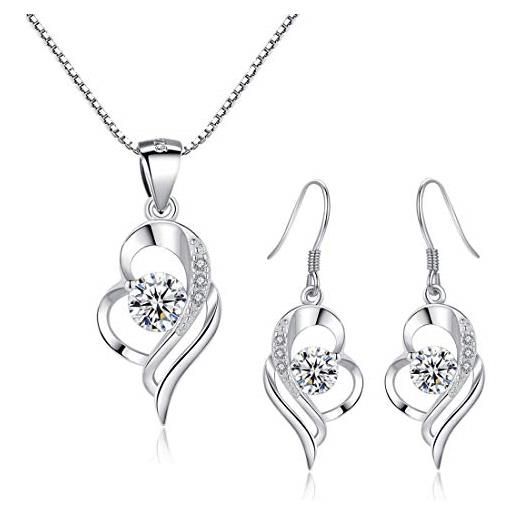 Set Di Gioielli DEPHINI Per Donna: Collana A Cuore, Orecchini E Anello In Argento 925 Con Zirconi Cubici