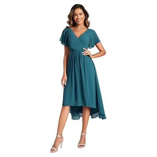 Ever-Pretty vestito elegante donna cerimonia manica corta collo a v gonna midi blu polveroso 44