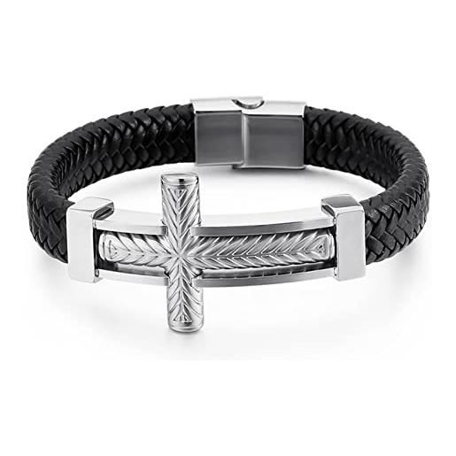 COOLSTEELANDBEYOND Bracciale In Cuoio Blu Navy Intrecciato Tre Filoni Con Ciondoli Acciaio Nero E Chiusura Magnetica - Uomo E Donna