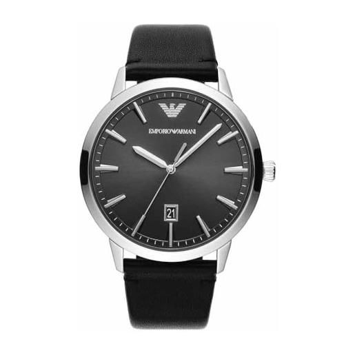 Emporio Armani orologio da uomo, movimento a tre lancette con data, cassa in acciaio inossidabile argentato da 43 mm con cinturino in pelle, ar11193