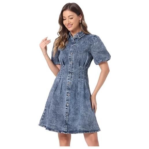 Allegra K donna vestito in denim con maniche a sbuffo, a maniche corte, con colletto, abbottonato, a trapezio, casual, in jeans grigio blu xl